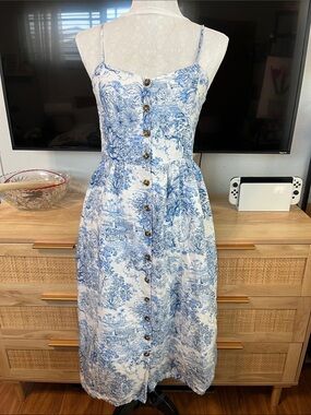 H&M Blue White Toile De Jouy Linen Blend Button Midi Dress Womens